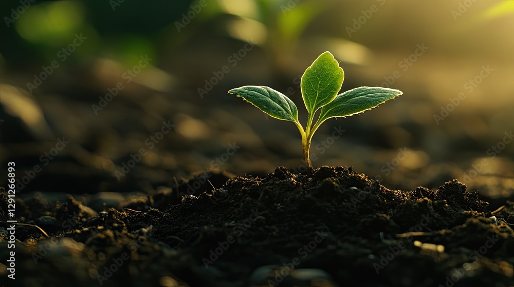 Poster a close-up of a sprouting seed breaking through the soil surface, illuminated by soft natural light.
