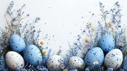 Happy easter template with blue, white rustic floral eggs, dotted background. Vector illustration. Design layout for invitation, card, menu, flyer, banner, poster, voucher