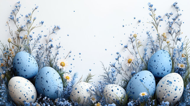 Happy easter template with blue, white rustic floral eggs, dotted background. Vector illustration. Design layout for invitation, card, menu, flyer, banner, poster, voucher
