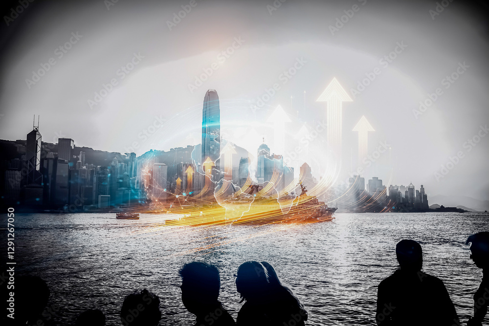 Poster hong kong cityscape with skyscrapers and harbor. upward arrows represent business growth and concept