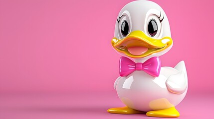 Adorable White Duck with Pink Bow Tie on Pink Background