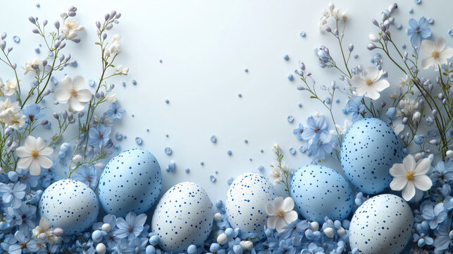 Happy easter template with blue, white rustic floral eggs, dotted background. Vector illustration. Design layout for invitation, card, menu, flyer, banner, poster, voucher