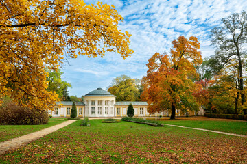 Spa architecture - colonnade of cold mineral water spring Ferdinand - autumn in the park of great spa town Marianske Lazne (Marienbad) in the western part of the Czech Republic (region Karlovy Vary)