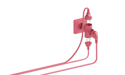 Educational material: how to connect multiple devices using a tee connector or how to properly plug devices into an outlet. Concept of electrical safety. White background. Copy space. 3d illustration