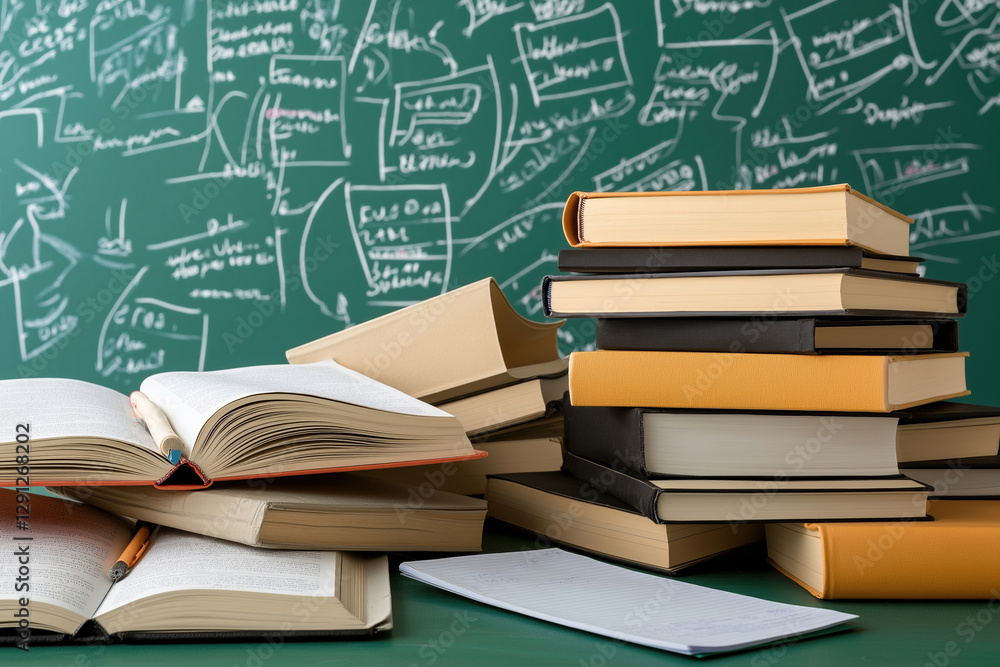 Aufkleber study space with open book and stacked textbooks on a desk near chalkboard