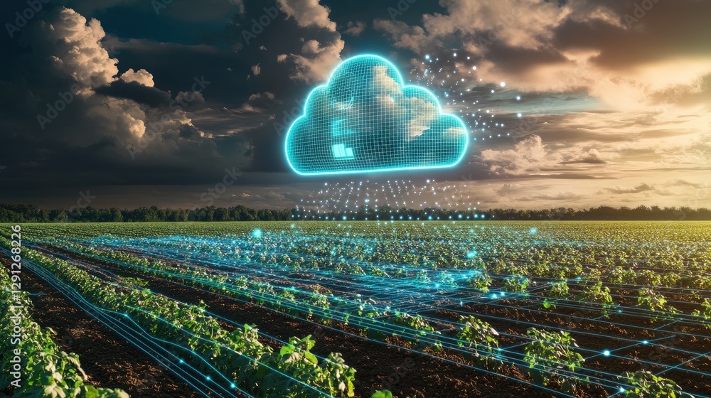 Poster a cloud-connected farm with ai-driven analytics displayed on a digital interface.