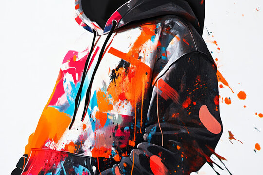 Illustration of a fashion forward, urban streetwear hoodie featuring a graffiti inspired design with vibrant splashes of color and abstract shapes. The edgy, youthful style captures the essence of