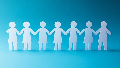 Group of paper cutout people standing in a line against a vibrant blue background, symbolizing unity and progress, clean edges, highdetail, minimalistic style, Midjourney v6