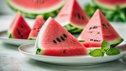 Triangular slices of ripe watermelon arranged on white plates, showcasing vibrant red flesh, dark seeds, and green rind. A sprig of mint adds a touch of green, making the image visually appealing