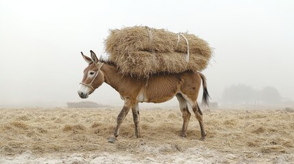 Obraz premium A donkey carrying a heavy load of hay through a foggy farm landscape, showcasing rural life and agricultural practices