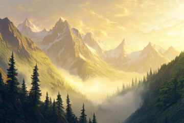 Obraz premium A misty mountain landscape at sunrise, with golden light illuminating the peaks and valleys. Dense pine forests cover the slopes, adding to the majestic beauty of the scene.