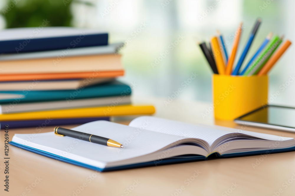 Poster notebook with a pen on a desk surrounded by colorful stationery and books
