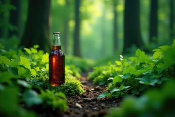 Dense green foliage surrounds a lone bottle on a forest floor, wilderness, plants