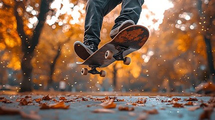 Autumn park skateboarding trick mid-air