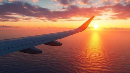 A commercial airliner wing in mid-flight over the ocean with the sun reflecting off the water below, signifying the scope of transatlantic journeys.