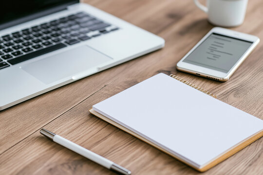 Modern workspace with laptop, smartphone, notepad, and pen during work hours - Powered by Adobe