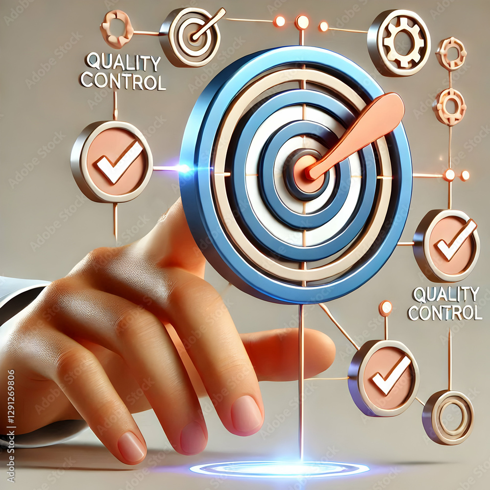 Poster 3D Hand placing holographic quality control certification device with target and check marks icons symbolizing quality assurance and certification for automation processes in empty space concept as Ha