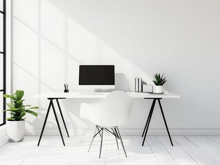 Bright Minimalist White Home Office Workspace with Natural Light