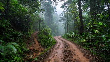 Naklejka premium Misty Forest Path Winding Through Lush Green Rainforest