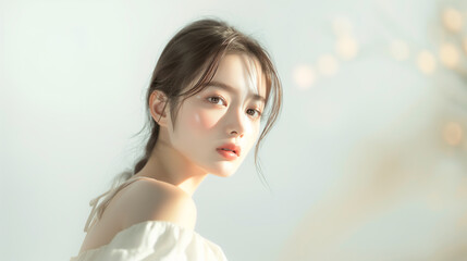 美肌の若くて可愛いアジア人女性モデルの美容ポートレート｜背景あり