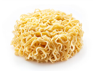 Large pile of yellow dry instant noodles on a white background