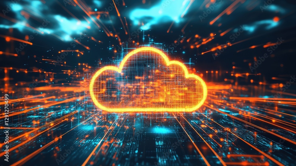 Poster a conceptual image of digital data being transferred through a cloud, illustrating seamless cloud te