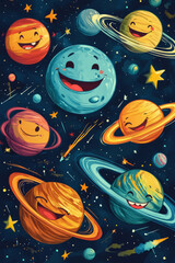Naklejka premium A group of smiling cartoon planets in a cosmic scene, each with its own unique expression and personality. Shooting stars and swirling galaxies add to the whimsical outer space adventure.