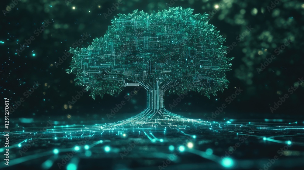 Poster a concept of a digital tree with circuits and leaves intertwined, symbolizing the blend of digital t