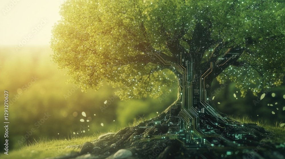 Poster a concept of a digital tree with circuits and leaves intertwined, symbolizing the blend of digital t