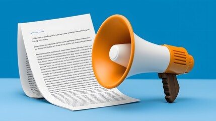 3D Rendered Orange Megaphone and Document on Blue Background