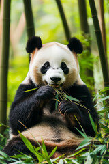 Fototapeta premium A playful panda munching on bamboo in a bamboo grove. The panda sits on its hind legs, content and relaxed, surrounded by a lush green landscape of tall bamboo stalks.