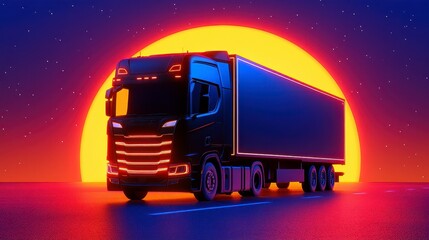 Black Semi Truck at Sunset Retro Synthwave Digital Art