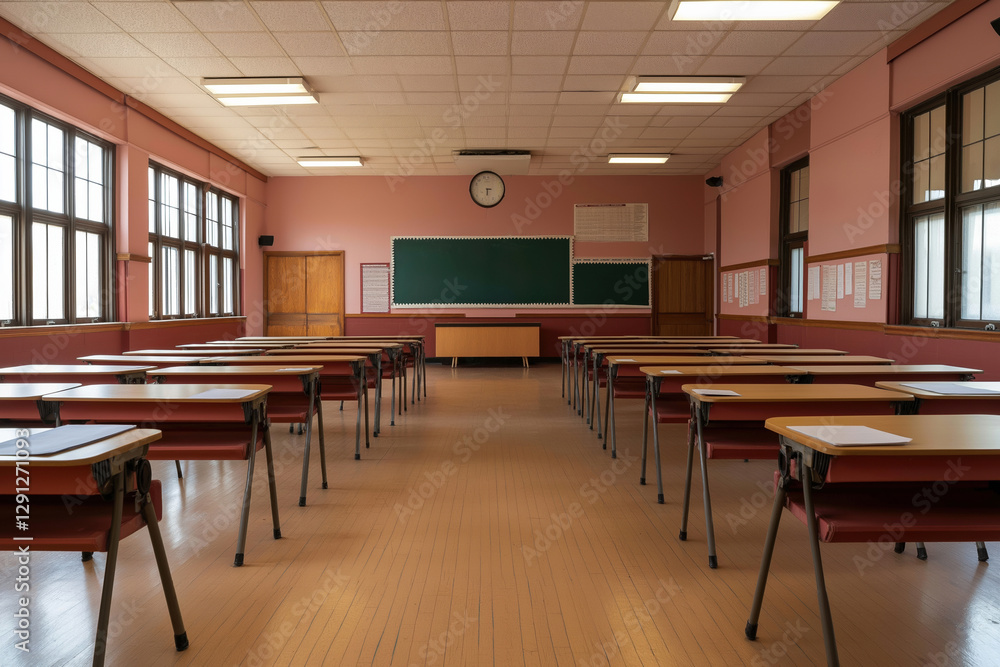 Poster classroom setup during day with empty desks and educational environment