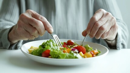 Hypertension patient eating a salad at the dining table. Featuring nutrition and health