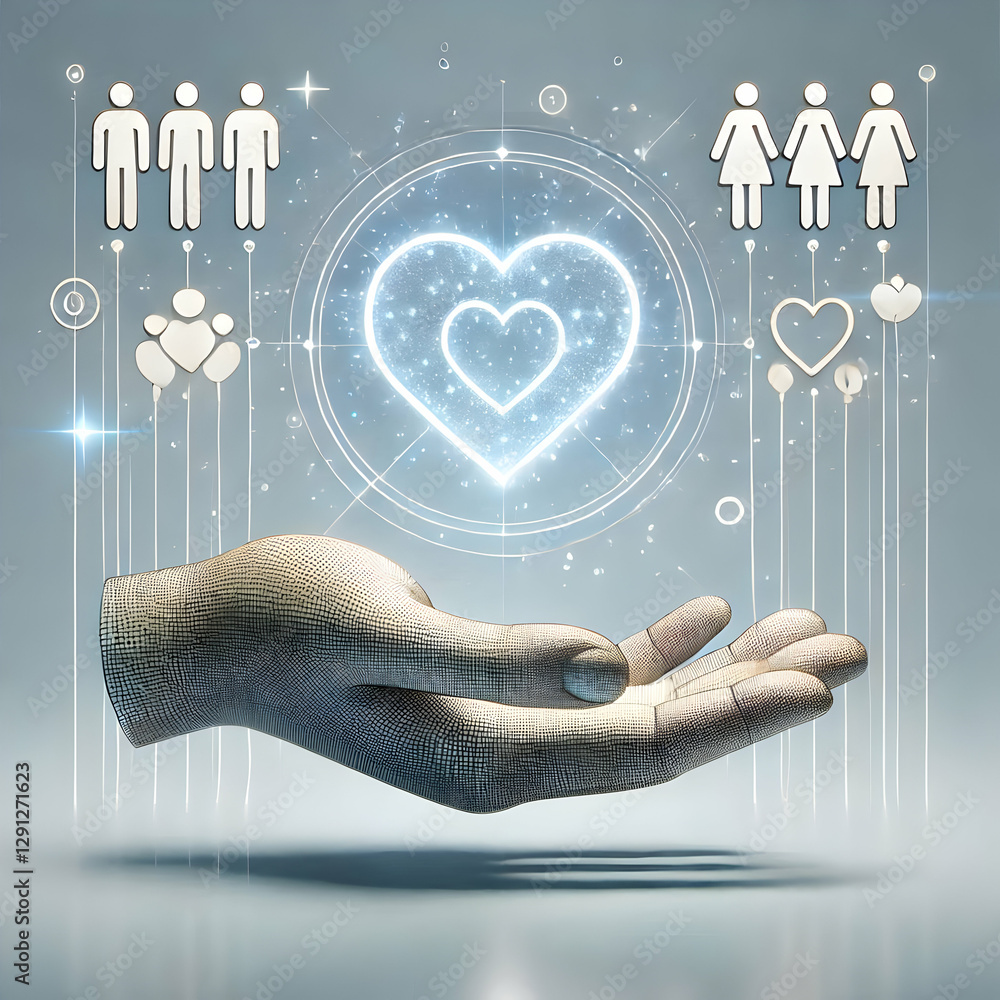 Poster 3d hand presenting holographic relationships symbol representing empathy understanding relationships