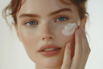 Close-up of a young woman with radiant skin applying a hydrating cream to her face. Natural beauty, flawless complexion, and glowing skincare concept with a soft and bright background