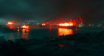Obraz premium Nighttime oil terminal with fire and smoke, cinematic river port scene