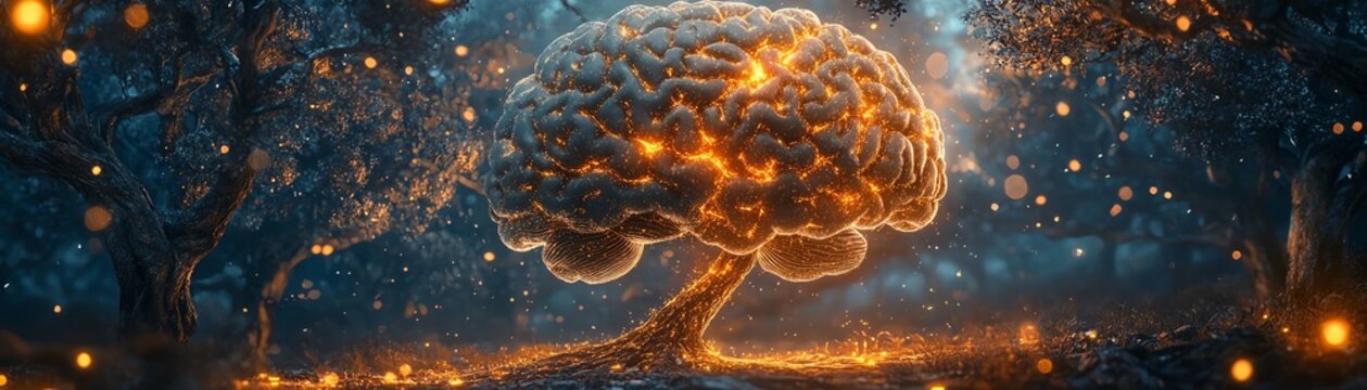 Surreal digital illustration of a human brain transformed into a tree, branches as synapses, radiant lights, detailed and creative concept art, Midjourney AI