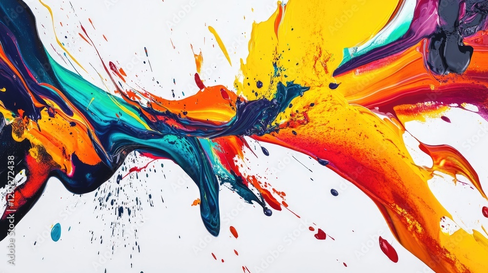 Poster a dynamic swirl of colorful liquid paints blending and overlapping on a white canvas.