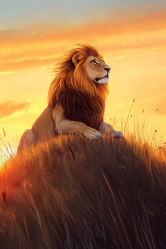 Illustration of a majestic lion sitting atop a grassy hill at sunset, its mane flowing in the breeze. The warm colors of the setting sun create a powerful and serene mood in this regal moment.