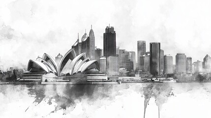 Obraz premium Black and white sketch of Sydney skyline featuring Opera House and modern buildings with artistic watercolor effect