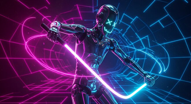 A futuristic robot poses with neon light swords dynamically