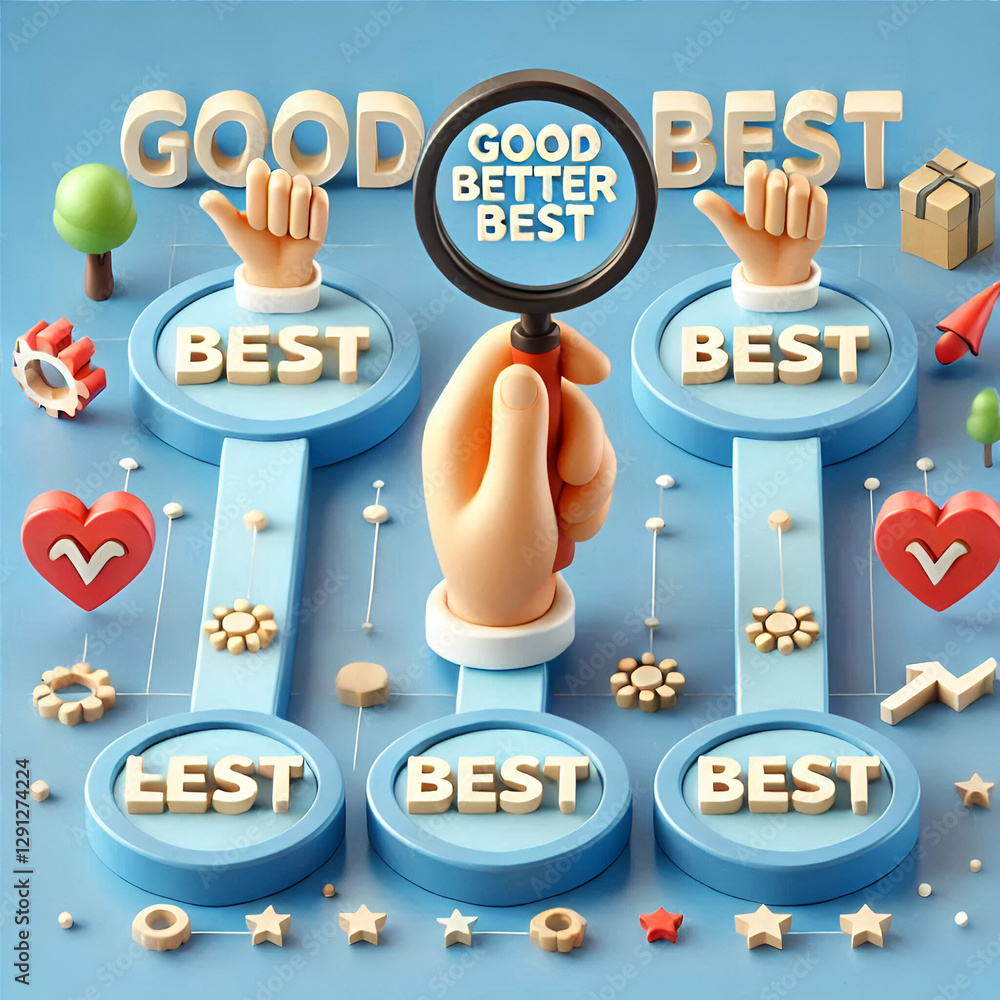 Poster 3d hand using magnifying glass to highlight best in good better best sequence on blue background in 