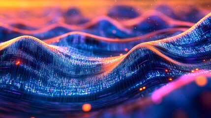 Data of crypto waves. 3D illustration of wavy lines in the information code field. Data flow cyber concept. Coding and technology