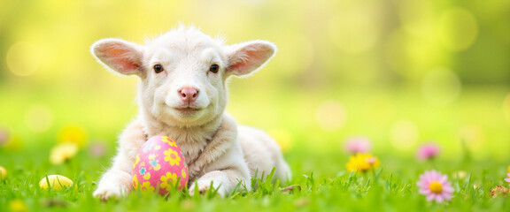 Cute lamb with colorful Easter egg in grassy meadow, festive cheer