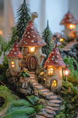 A whimsical forest scene where tiny mushroom houses glow under a twilight sky. Fireflies illuminate the air as little gnome like creatures carry glowing lanterns along winding paths.