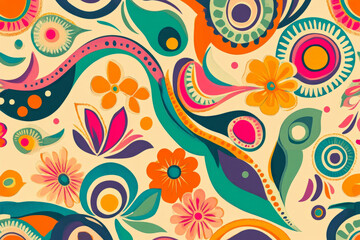 Naklejka premium Illustration of a funky retro inspired pattern featuring stylized paisley swirls, bright pop art flowers, and wavy psychedelic lines in warm 1970s tones. The vibrant, vintage aesthetic is bold and eye
