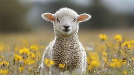 Fototapeta premium Adorable close-up of a fluffy sheep lamb standing in a vibrant field of wildflowers during a sunny spring day