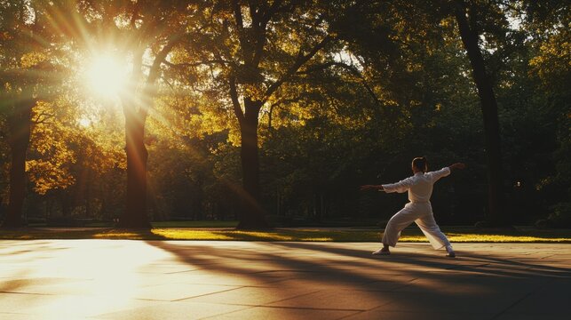 Hypertension patient engaging in a tai chi session in a park. Featuring exercise and relaxation