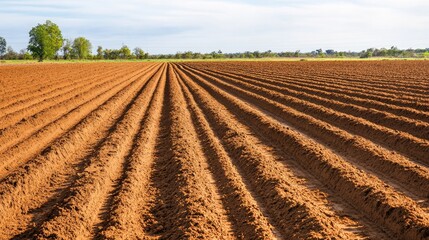 A freshly plowed field with rich brown soil and deep furrows stretching towards the horizon under a soft blue sky.